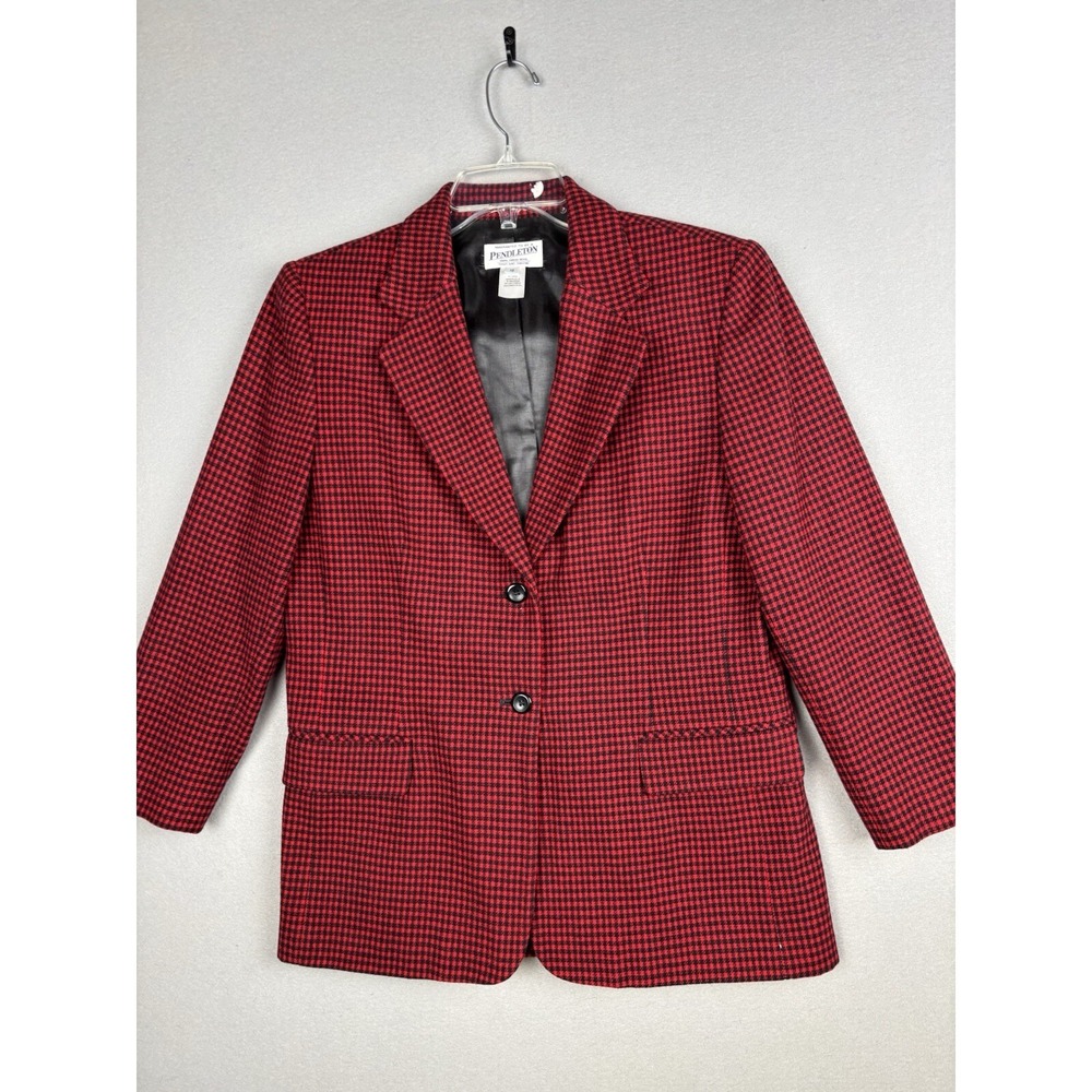 Pendleton Women's Jacket 10 Red Check Two Button Blazer Virgin Wool Lined 3459